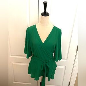 LOFT belted wrap shirt w/ flutter sleeves, Size L